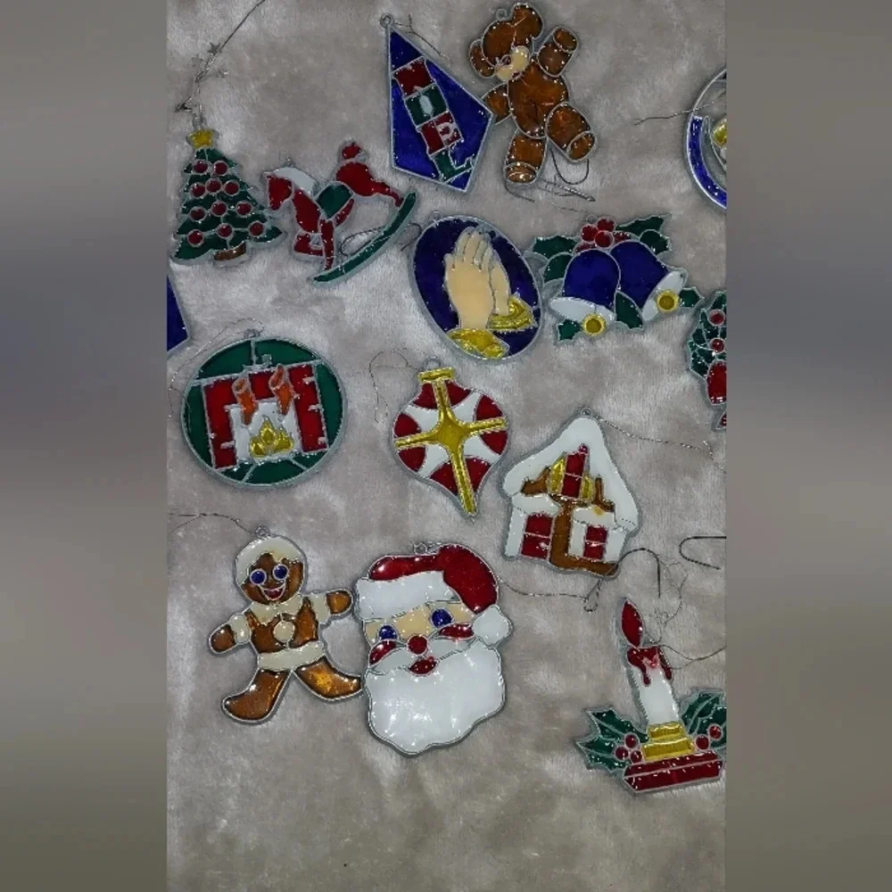 Lot of Vintage Leaded Stained Glass Look Christmas Sun Catcher Ornaments